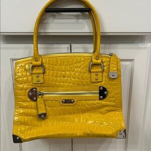 Yellow patent leather faux alligator RAFE handbag.